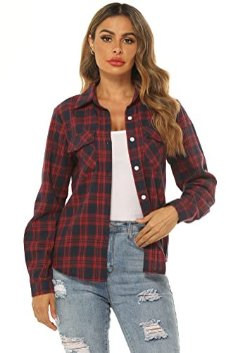 Ietaoo Chemisiers Femme Chemise à Carreaux Coton Manches Longues Flanelle Chemise Blouse Classique Décontractée Shirt pour Automne Hiver Printemps Bleu Marine M
