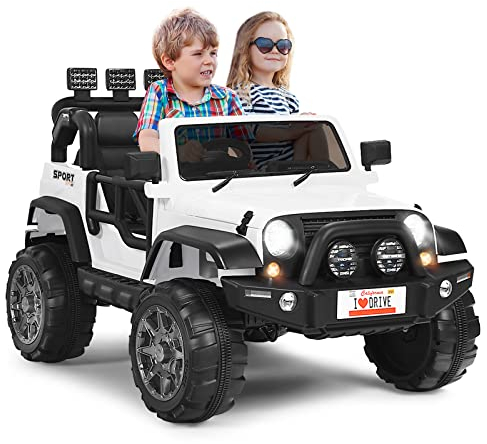 GOPLUS 2-Sitz Kinder Elektroauto, 12V Batteriebetriebener Elektro-LKW mit 2,4 GHz Fernbedienung&LED-Lichte&Musik&Stoßdämpfungfederaufhängung, Verstellbaren Geschwindigkeiten, Langsamer Start (Weiß)
