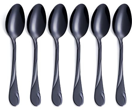 Black Dessert Spoon Set, Seeshine 6.5-inch Stainless Steel Shiny Black Teaspoon, Espresso Coffee Spoon, Set of 6