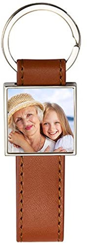 Porte-Clé en Cuir Long Brun Avec Impression Photo Carré - Porte-Clef Acier et Cuir Avec Carré à Imprimer - Boucle Personnalisée