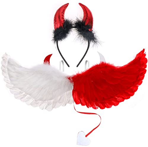 DPKOW Engel und Teufel Kostüm Halloween Engelsflügel Weiß Rot Teufelshörner Haarreif für Kinder Damen Karneval Fasching Party Engel Teufel Halloween Kostüm Accessoire