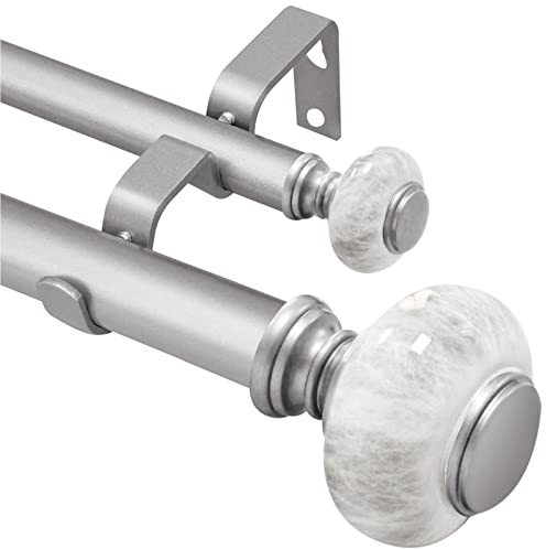 Ycolnaefllr 2,5 cm Durchmesser Doppel-Gardinenstangen für Fenster 213 bis 314 cm,Gardinenstange ausziehbar- Set mit weißen Marmor-Endstücken, Halterungen und Vorhanghalterungen - Gardinenstange silber