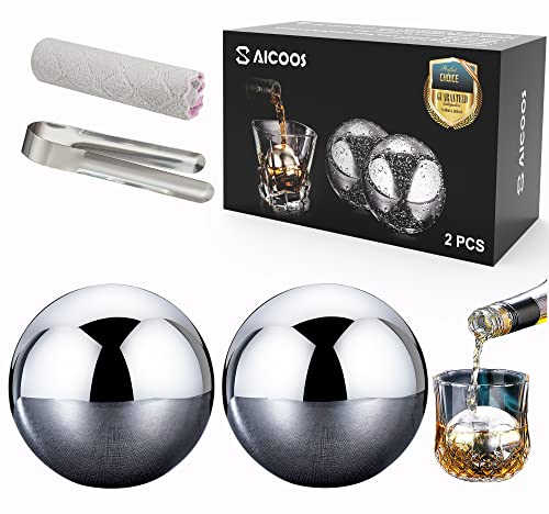 SAICOOS Bolas De Hielo Reutilizable 2 Piezas De Piedra De Whisky Cubo, Cubitos De Hielo De Acero Inoxidable Con Tecnología De Alta Refrigeración Utilizada Para Whisky, Vodka, Licor, Vino(55mm)