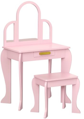 HOMCOM Kids Dressing Table and Stool w/Mirror, Drawer Ages 3-6 Years Pink | Kids Vanity Set, Makeup Desk
