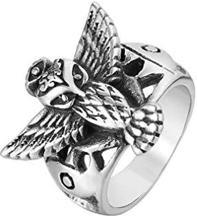 PikaLF Eulenring für Männer, Eulenaugen Ring, Edelstahl, nordische Wikinger-Eulenflügel Ringe, Vintage-Dämonenaugen Ring, Glückseulen-Amulettring, Punk-Tier-Eulen-Schmuckgeschenk (21.4)