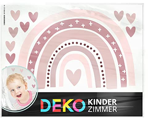 DEKO KINDERZIMMER Wandsticker rosa Regenbogen Herzen Wandtattoo Kinderzimmer Wandaufkleber Herzchen Babyzimmer Mädchen Deko DK1037-15-S
