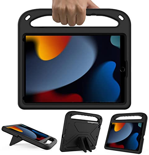 iPad 9th/8th/7th Generation Case for Kids, 10.2 Inch With Pencil Holder and Handle Stand, Shockproof Protective Tablet Cover, Black