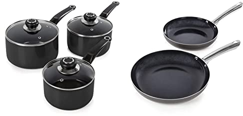 Morphy Richards 970030 Equip Pan Set, Non Stick Ceramic Coating, 3 Piece, 16/18/20 cm & 973015 Accents Induction Frying Pan Set, Aluminium with Non Stick Ceramic Coating, Titanium/Black, 24/28 cm