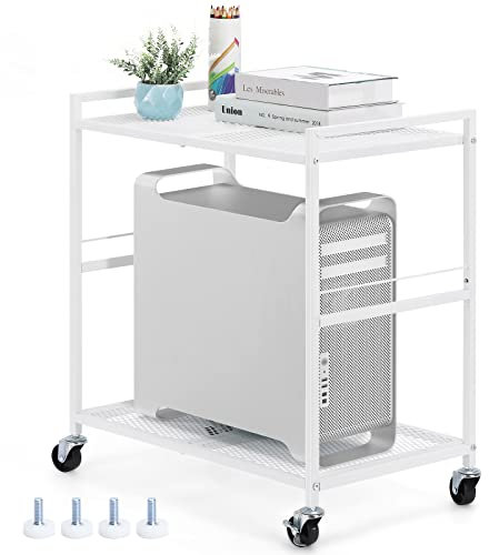 YBING Computer Tower Stand White PC Tower Stand 2 Tier CPU Holder Stand with Wheels Metal Mobile Computer Tower Cart Rolling PC Stand Floor for Fax Home Office