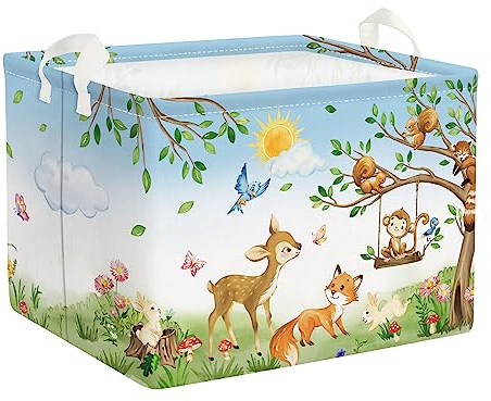 Clastyle Forest Animal Baby Laundry Hamper Collapsible Branch Clothes Kids Storage Basket Waterproof Boys Girls Toy Box for Nursery Room, Deer Fox Monkey, 40*30*30 cm