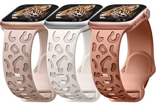 3 Pack Leopard Engraved Strap Compatible with Apple Watch Straps 38mm 40mm 41mm 42mm 44mm 45mm 49mm Women Girls, Soft Silicone Designer Replacement Straps for iWatch Series Ultra SE 9 8 7 6 5 4 3 2 1