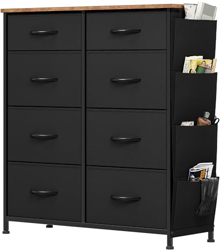 YITAHOME Kommode, 8 Stoffschubladen mit Griffen, Aufbewahrungsschrank mit Haken, Schubladenschrank mit Seitentaschen, Schrank,Metallgestell, stoffkommode für Schlafzimmer,Wohnzimmer,Flur,Büro,schwarz
