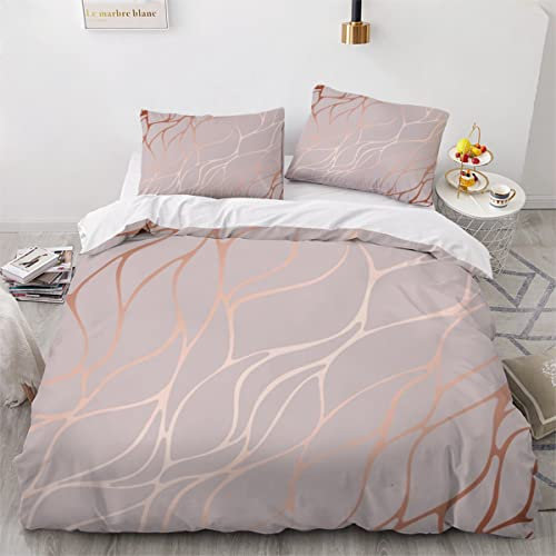 AKATIE Small Double Duvet Cover Rose Gold Bedding Polyester Microfiber Anti-Allergic Double Size 3 Pieces Marble Quilt Cover Childrens Bedding Double Bed Set（200x200）