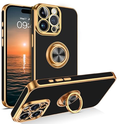 BENTOBEN for iPhone 15 Pro Max Case with Ring, Phone Case for iPhone 15 Pro Max, Holder Gold Edge RotationStand Flexible Soft Silicone Bumper Shockproof Protective Cover for iPhone 15 ProMax,Black