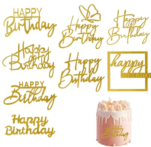 Kryzalite® 8 Stück goldene Happy Birthday-Kuchenaufsätze, Spiegel-Acryl-Kuchenaufsatz, seitliche Kuchendekorationen, Kuchendekorationszubehör, Cupcake-Topper für Geburtstagsfeier