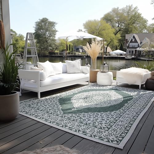 Elle Decoration In und Outdoor Teppich Orientalisch– Wendeteppich Wetterfest & Wasserfest – Vintage Design Outdoorteppich Orient für Garten, Balkon, Terrasse, Wohnzimmer – Grün, 120x170cm