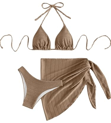 GORGLITTER Bikini Damen Set 3 Teilig Triangle Bikini Set Mit Rock Neckholder Bikini High Waist Badeanzug Khaki S