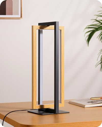 EDISHINE LED Bedside Lamps, Dimmable Table Lamp, Touch Lamp for Bedroom Living Room Office, 3 Colour Temperatures, 180° Square Rotatable Light Frame, Wood Color