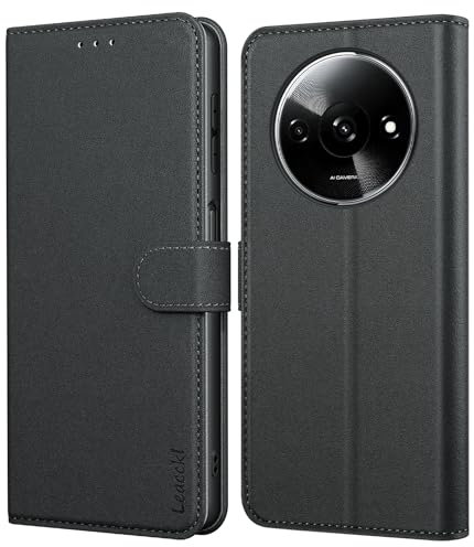 Leacckl Funda para Xiaomi Redmi A3, Funda Tipo Cartera de Piel, Funda Abatible con Tarjetero y Hebilla Magnética, Funda de Piel Tipo Libro, Negro