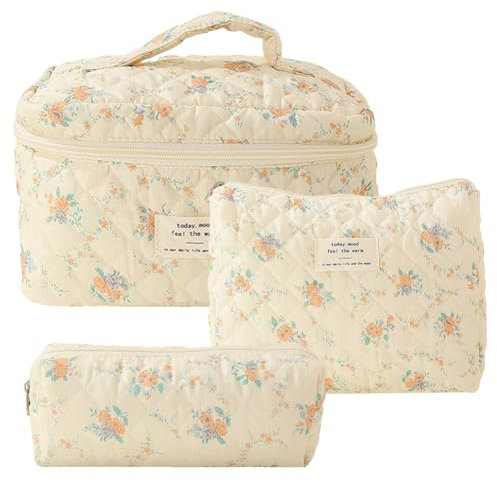 Ensemble de Trousse de Toilette de Voyage 3 pcs pour Femmes, Trousse à Cosmétiques Matelassée à Fermeture éclair, Sac de Rangement Cosmétiques Pratique (Fleurs Orange sur Fond Jaune)