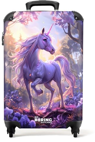 NoBoringSuitcases.com Valise Enfant Fille Cabine 55x35x25cm - Bagages à Roulettes (Licorne, Fleurs - Violet)