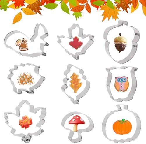 9 Stück Ausstechformen Herbst, Erntedankfest Keksausstecher, DIY Plätzchenausstecher, Edelstahl Kürbis Ausstecher mit Ahornblatt Blätter Igel für Keks Backen
