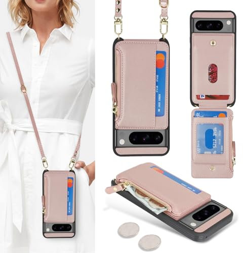 SailorTech Custodia per Google Pixel 8 Pro in Pelle Portafoglio con porta carte di credito, Cover per Pixel 8 Pro Cellulare Regolabile Collana con slot per carte di credito-Oro Rosa