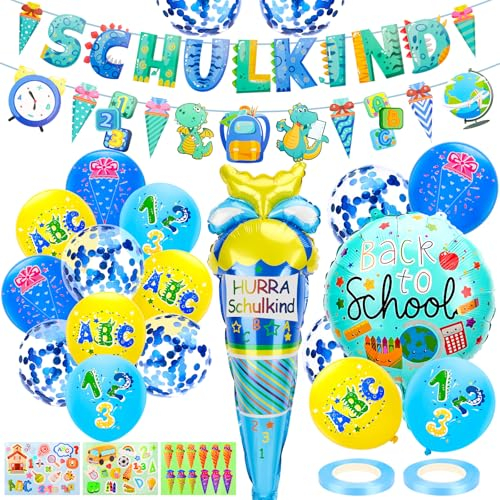 BOMTOP Einschulung Deko, Schuleinführung Schulanfang Deko Set für Jungen Einschulung Deko Schulanfang Deko Einschulung mit Einschulung Banner ABC 123 Zuckertüte Motiv Schultüte Konfetti Folienballon