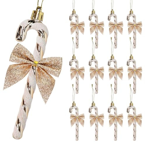 12 decorazioni natalizie a forma di bastoncino di zucchero, bastoncini di zucchero glitterati da 14 cm, con fiocchi, per albero di Natale, decorazioni per la casa (champagne)