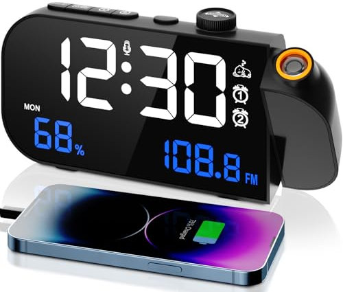 VOSFEEL Radio Reveil Température et Humidité, 180° Réveil Projecteur Plafond, Réveil Numérique avec Fonction de Gradation, Chargement USB, 12/24H pour Chambre à Coucher, Bureau
