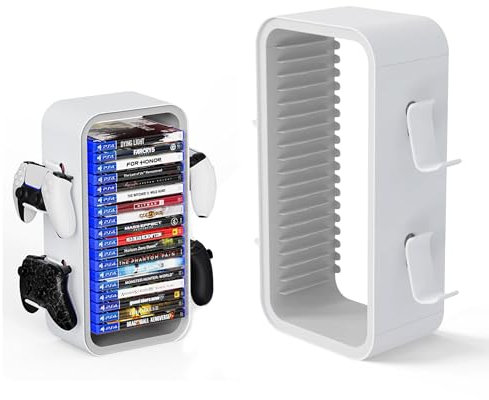 wigmoa OYO-1 【40 cm】 Spielspeicherturm, kompatibel mit PS5/Xbox Series S & X/Switch, Universal-Videospiel-Discs-Organizer, 18 Stück mit 4 Controller-Halter, Spiele-Disc-Box-Ständer (Weiß/Grau)