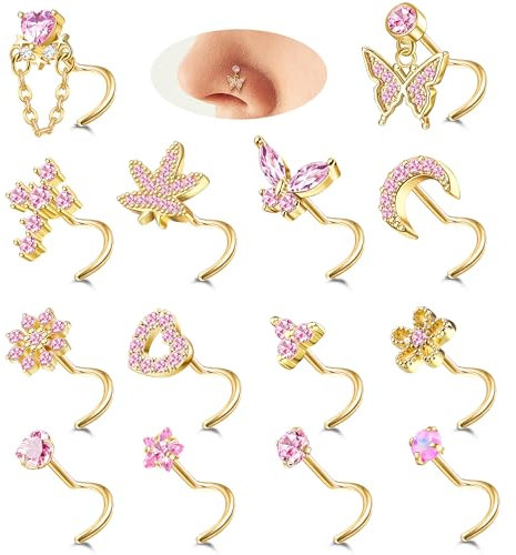 Milacolato 14PièCes 20G Piercing Nez Or pour Femme Acier Inoxydable avec CZ en Forme de L et en Spirale Anneaux de Nez de Argent Coeur Papillons Clous de Nez Bijoux Piercing pour Femme Or S