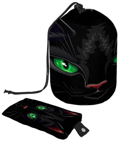Trousse de toilette avec cordon de serrage, motif chat léopard noir avec yeux verts en forme de tonneau, trousse de toilette de voyage pour maquillage + petit sac, multicolore,