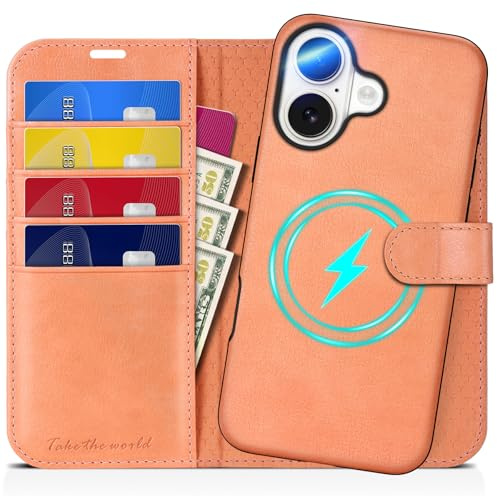 TUCCH Removable Wallet Case for iPhone 16 (6.1), Peachy Pink | 4 Card Slots, RFID Blocking, Wireless Charging Compatible, Kickstand, Shockproof TPU, PU Leather, Magnetic, Folio Flip Cover