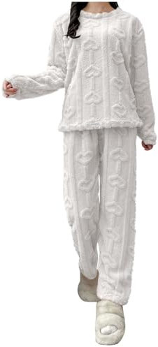 Generico Pigiama Donna Pile Invernale Caldo Pigiama Felpato Set da Casa Pigiami 2 Pezzi Camicia da Notte Sciolto Casual Morbido e Confortevole Felpa e Pantaloni Pigiama Set Casa Cotone