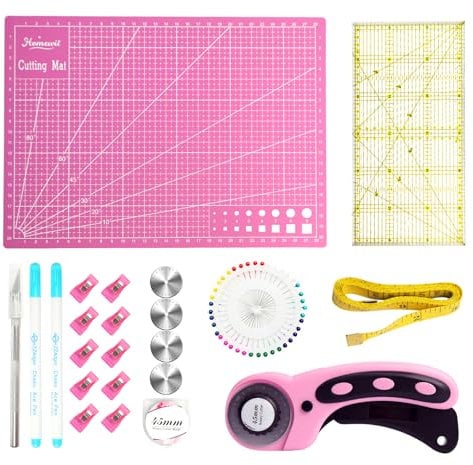 Rotary Cutter Kit, Homewit 45mm Fabric Cutter Set with 5 Spare Blades, A4 Cutting Mat, Patchwork Ruler, Sewing Clips, Pins & Carving Tool, Rotary Fabric Cutter Wheel for Sewing Crafting Quilting