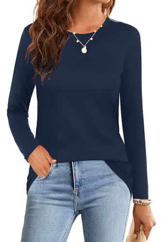 Elesomo Women Crew Neck T Shirt Long Sleeve Tops Casual Shirts Ladies Blouses, Navy Blue UK 12 14