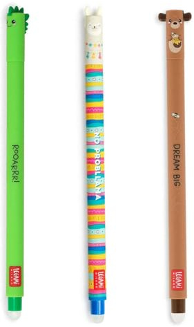 LEGAMI - Pack of 3 Teddy, Dino and Llama Erasable Gel Pens, 0.7mm Tip