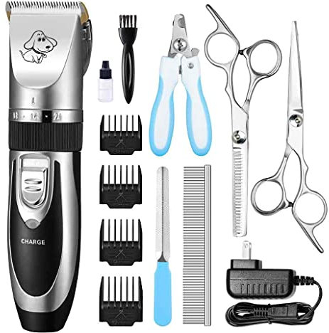 Dog Clippers Professional Pet Grooming Kit, Cordless Rechargeable Pet Shaver Silent Dog Hair Trimmer with Scissors Comb for Dogs Cats Pets Silver