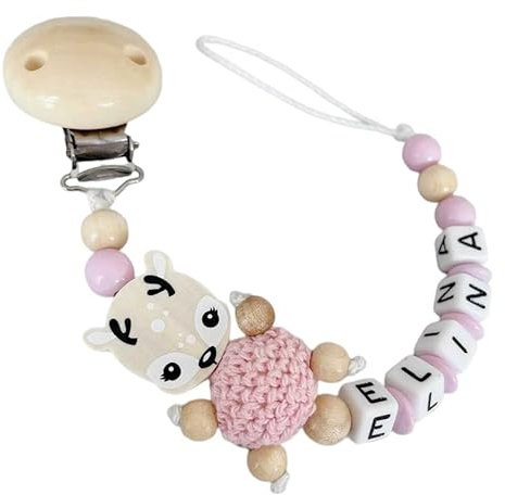 Schnullerband mit Namen für Mädchen & Jungen personalisierte Baby Geschenke (Reh Rosa)