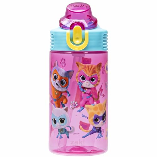 Zak Designs Disney SuperKitties – Bouteille d'eau en plastique durable avec paille, poignée, couvercle à bec verseur escamotable – Pour l'école ou les voyages – 473,6 g – Vert sauge