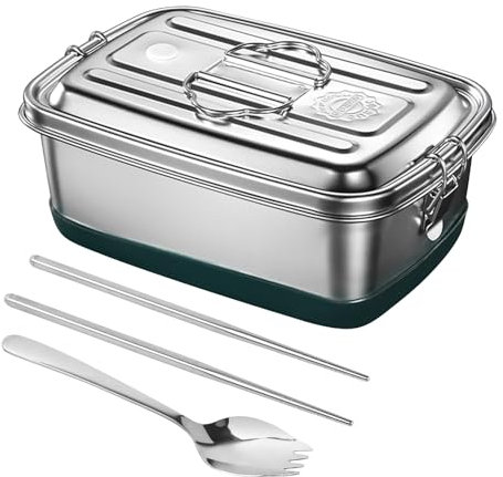 Silver Lunch Box, Stainless Steel Bento Boxes, 2000ml Double Tier Sandwich Box with Carrying Handle, Spoon and Chopsticks for Adults, Kids for Food Sandwich Salad Fruit, Picnic Box for Office School
