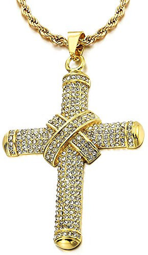 COOLSTEELANDBEYOND Uomo Donna Grande Oro Collana con Pendente Nodo Croce con Zirconi, Ciondolo Croce, Acciaio, Catena Corda 75CM