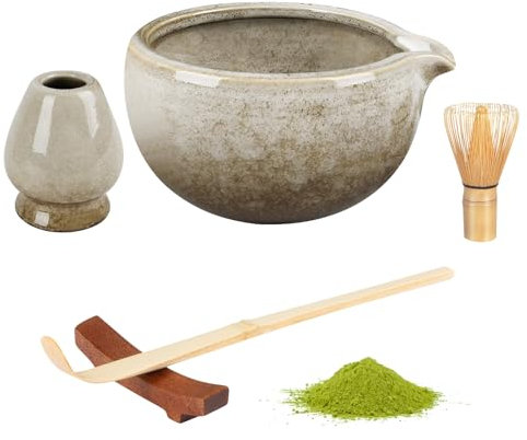 Snovire Matcha Set, 5 Pcs Matcha Kit Includes Matcha Bowl, Matcha Whisk, Whisk Stand, Bamboo Scoop, Spoon Rest, Japanese Tea Set for Matcha Lovers (Powder Not Included) (Kiln-Changed White)