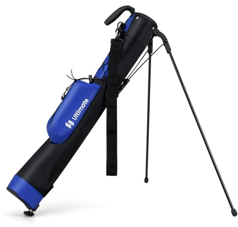 GYMAX Sac de Golf Trépied Léger, 2 Voies pour Clubs, avec Bandoulière et Poignée de Transport, Poche de Rangement de Balles et Porte-Bouteille, Pieds Pliage Facile (Bleu)