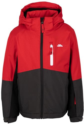 Trespass skidjacka för barn Lennox – unisex, vadderad, avtagbar huva, kontrastdragkedja, bröstficka med dragkedja, 2 nedre fickor, skidpassficka, snöskydd, justerbar fåll och manschetter, Röd, 2-3