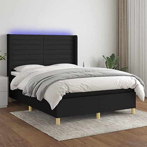 Teenpull Boxspringbett mit Matratze & LED Schwarz 140x190 cm, gestepptes Polsterbett mit verstellbarem Kopfteil, atmungsaktiver Stoff für Schlafzimmer