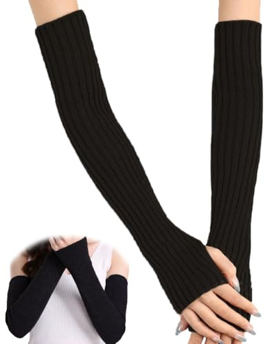 Uoimky Armstulpen Damen, 2 Paar Lange Fingerlose Handschuhe Gestrickte Armwärmer Pulswärmer Damen Handwärmer Handstulpen Stulpen mit Daumenloch für Winter, Schwarz
