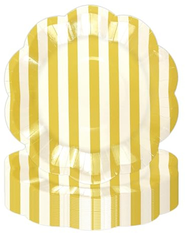 DHAIQC Lot de 50 Assiettes Carton Jaune Blanc Rayée de 18cm, Festonnées Assiette Jetable Vaisselle Jetable Anniversaire Pour Desserts Anniversaires Baby Showers Mariages Décorations (Jaune)