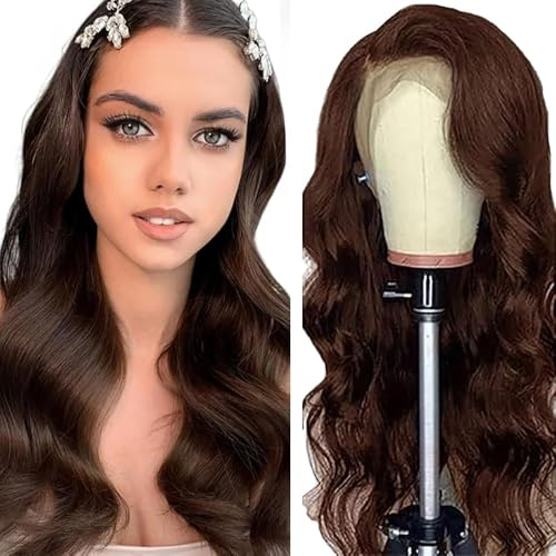 Salharer Echthaar Perücke für Damen Perücken Body Wave Human Hair Wig 13x6 Lace Front Wig Perücken Echthaar mit Babyhaar Any Part Chocolate Brown for Woman 22 Inch